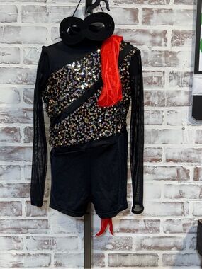 Weissman Black Sequin Dance Costume with Red head Scarf and mask